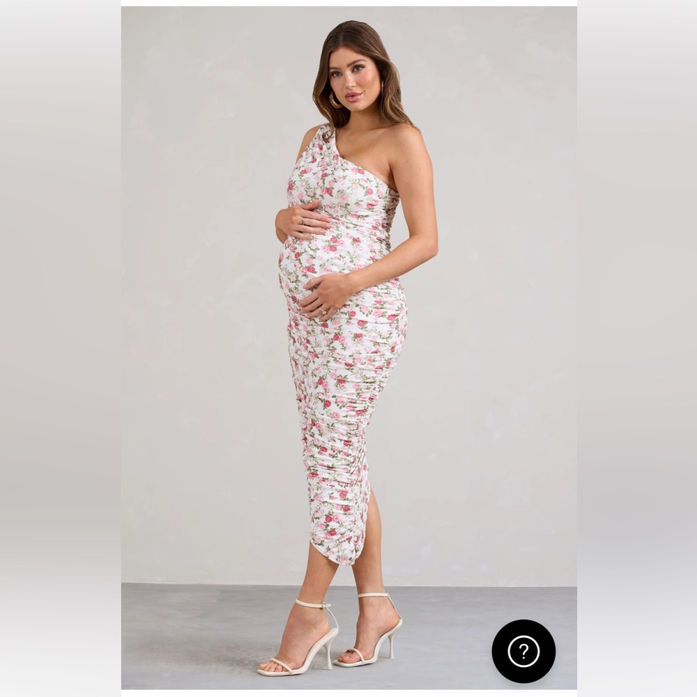 NWT. Club L London Rose Printed Maternity Ruched One Shoulder Midi Dress